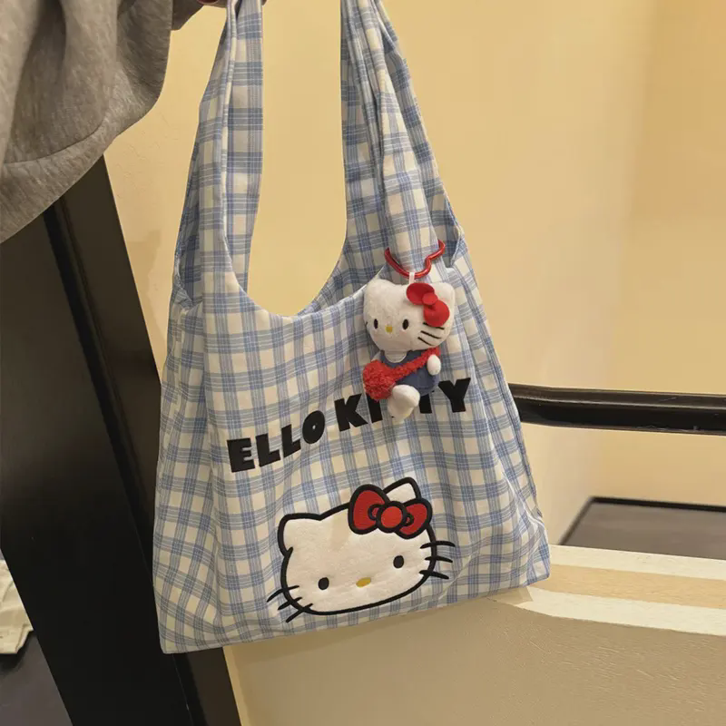 新品卡通凯蒂猫格子刺绣帆布包2025新款可爱休闲单肩包手提通勤百