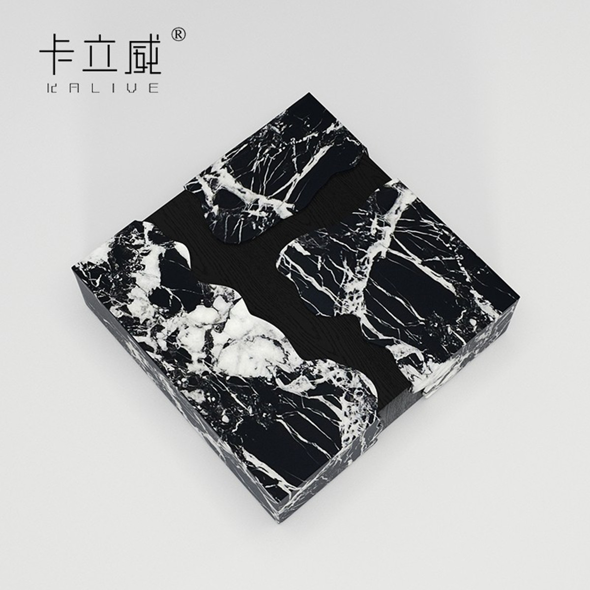 意式黑白色大理石中古风正方形茶几设计师大户型极简茶桌现代简约