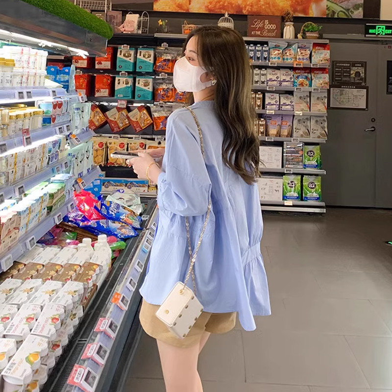 极速孕妇夏装短袖套装2025新款夏季薄款小个子纯棉娃娃衬衫上衣中