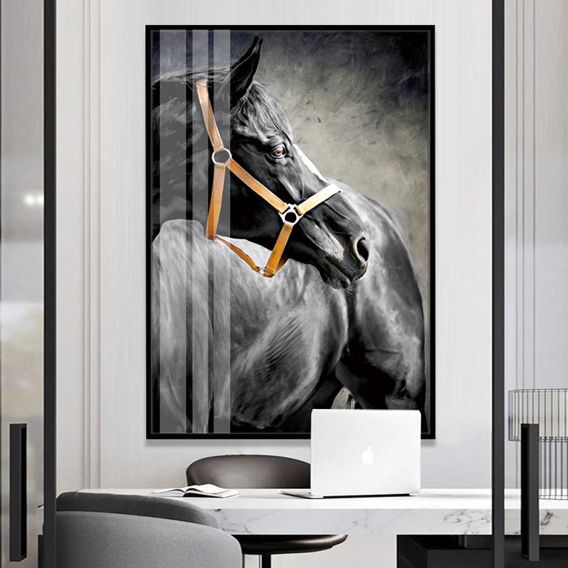 黑色骏马头装饰画马到成功晶瓷画经理办公室贵宾厅长方形竖版挂画