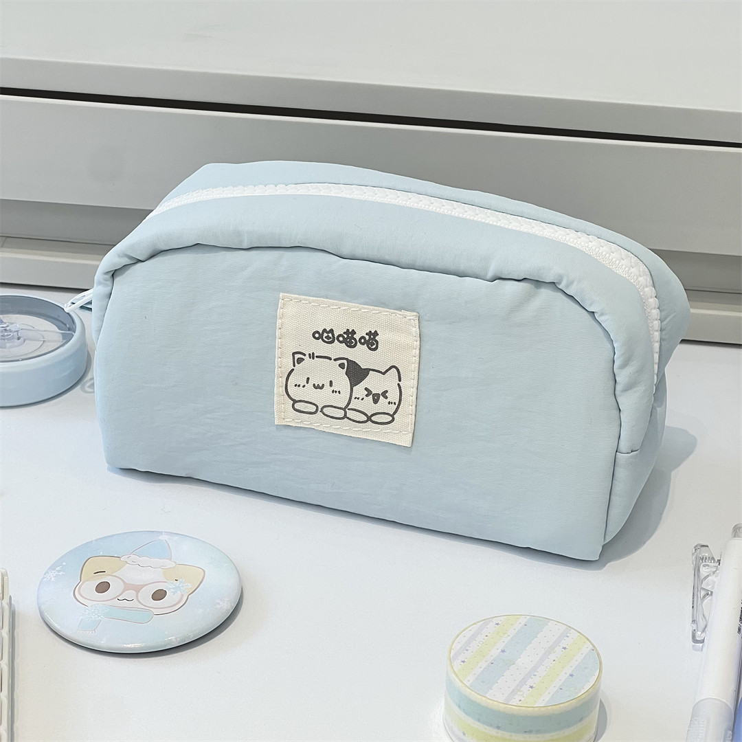 简约猫咪蓝色ins风笔袋大容量高中小学生值颜女生铅笔文具收纳袋