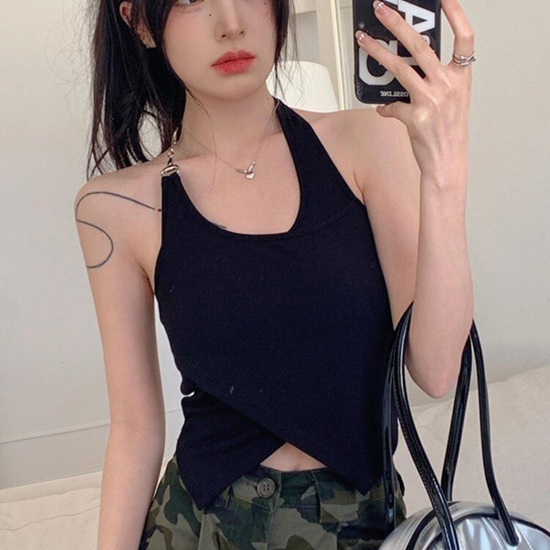 不规则挂脖虞书欣同款黑色假两件吊带背心女夏美背带胸垫无袖外穿