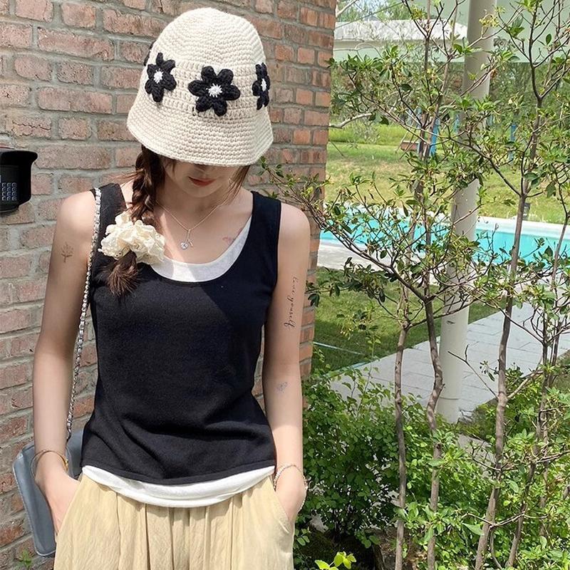 慵懒风撞色宽松虞书欣同款黑色假两件吊带背心夏季女装夏外穿上衣
