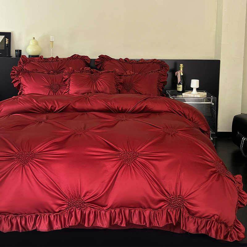 法式浪漫婚庆四件套红色爱心刺绣100s全棉扎花荷叶边结婚被套床单,床上用品,婚庆床品套件,淘宝优惠券,粉丝福利购,淘宝优惠卷