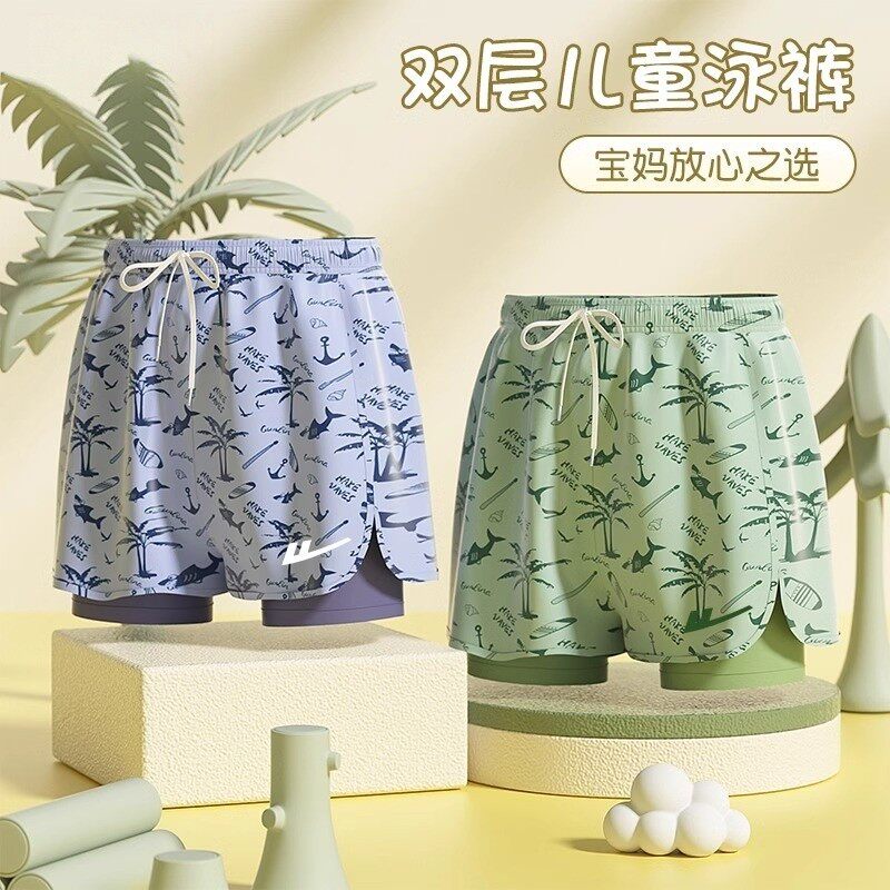 儿童泳裤男孩初中生2025速干双层防尴尬游泳衣男童中大童游泳厂家