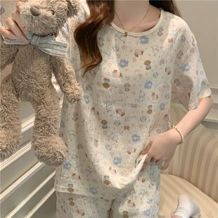 甜美ins可爱卡通宽松大码 现货纯棉睡衣女夏季 薄款 新款 家居服 短袖
