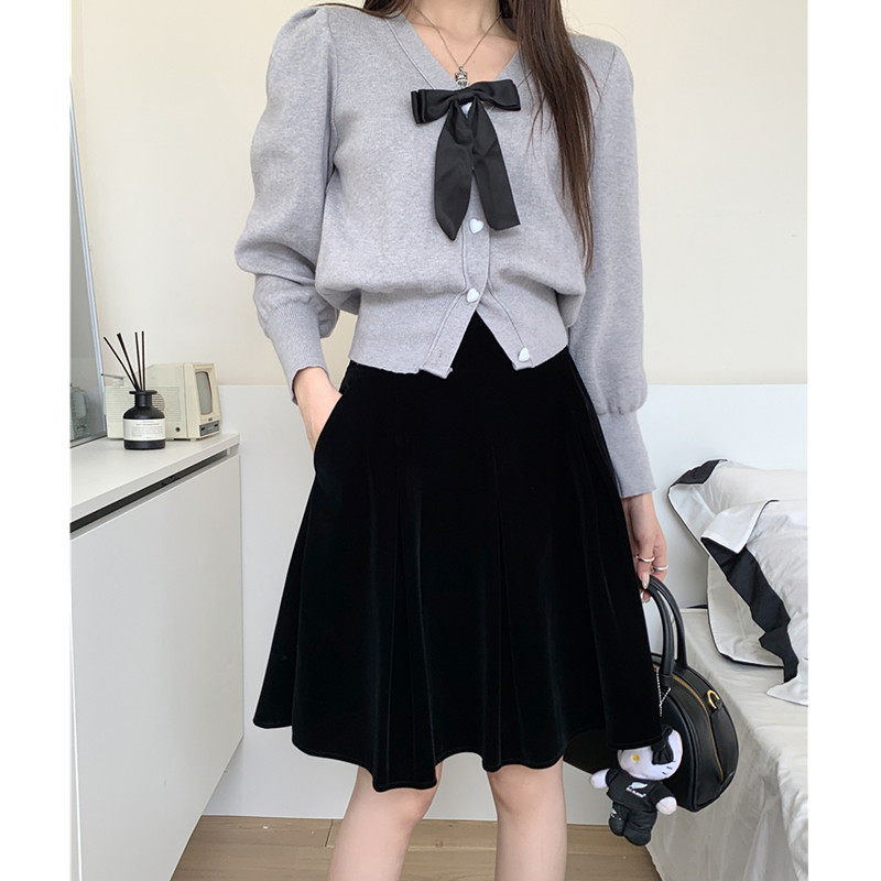大码丝绒口袋百褶裙女中长款a字裙秋冬韩版显瘦蓬蓬裙