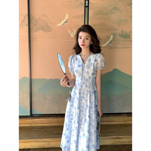 鄧六六 氣質(zhì)子 水墨碎花女夏V領(lǐng)收腰顯瘦泡泡袖 法式