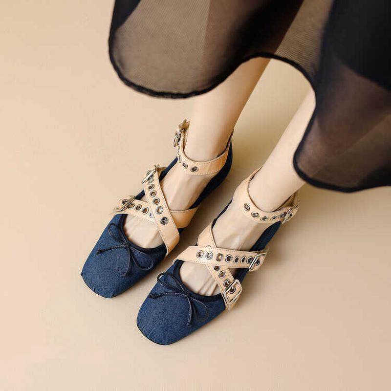 蓝色牛仔布交叉金属搭扣芭鞋珍鞋女单鞋扣平底晚晚鞋,女鞋,浅口单鞋,淘宝优惠券,粉丝福利购,淘宝优惠卷