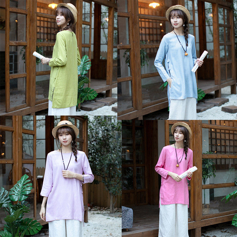 文艺范中式九分长袖盘扣中长款宽松衬衫民国风春,女装/女士精品,衬衫,淘宝优惠券,粉丝福利购,淘宝优惠卷