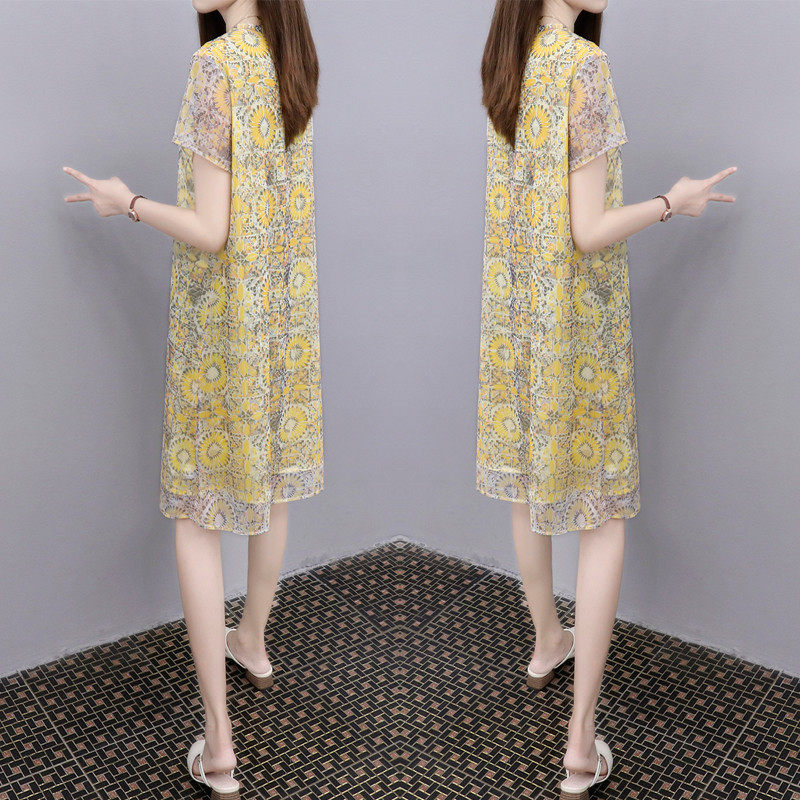 2025夏季新款洋气黄色印花裙中长款宽松遮肉减龄雪纺网纱女,女装/女士精品,连衣裙,淘宝优惠券,粉丝福利购,淘宝优惠卷
