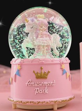 大号水晶球自动飘雪卡通木马摆件创意音乐盒送少儿生日礼物八音盒