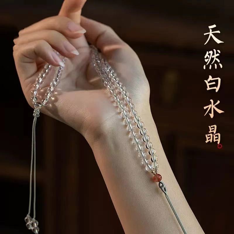 天然白水晶吊坠挂绳项链原创南红DIY毛衣链女款圆珠手工挂链项链