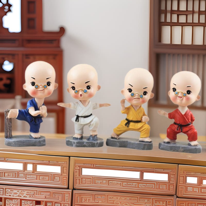卡通树脂工艺品创意车载饰品摇头功夫小和尚中控台摆件高级感小众