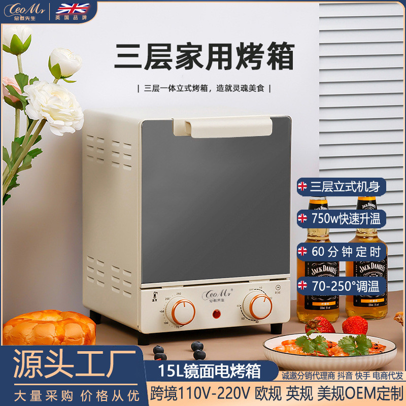 工厂热销家用烘培15L电烤箱立式镜面小型多功能电烤炉网红小烤箱