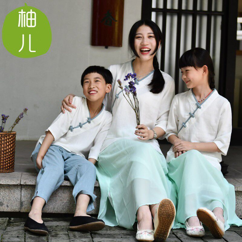 柳芽儿柚儿亲子儿童男童超仙中国风茶服国学服夏