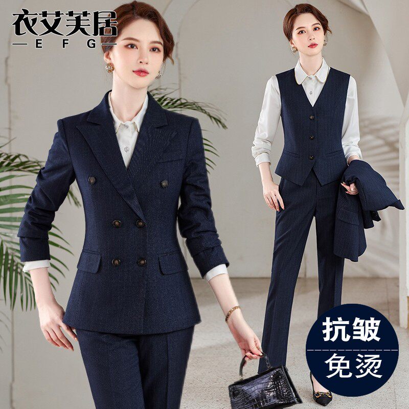 条纹职业套装女秋冬季面试正装气质售楼部酒店经理工作服
