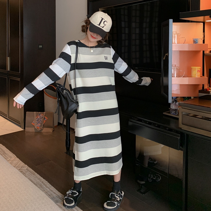 新品早秋新款条纹长袖卫衣过膝裙子学生休闲宽松家居服可外穿睡衣
