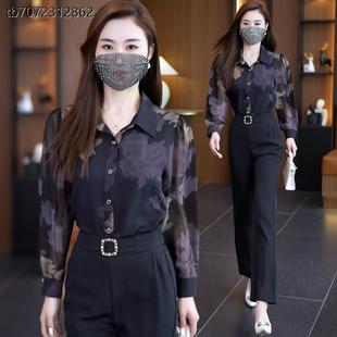 小个子时尚雪纺衬衫女士印花小衫2025早秋装新款长袖衬衣洋气