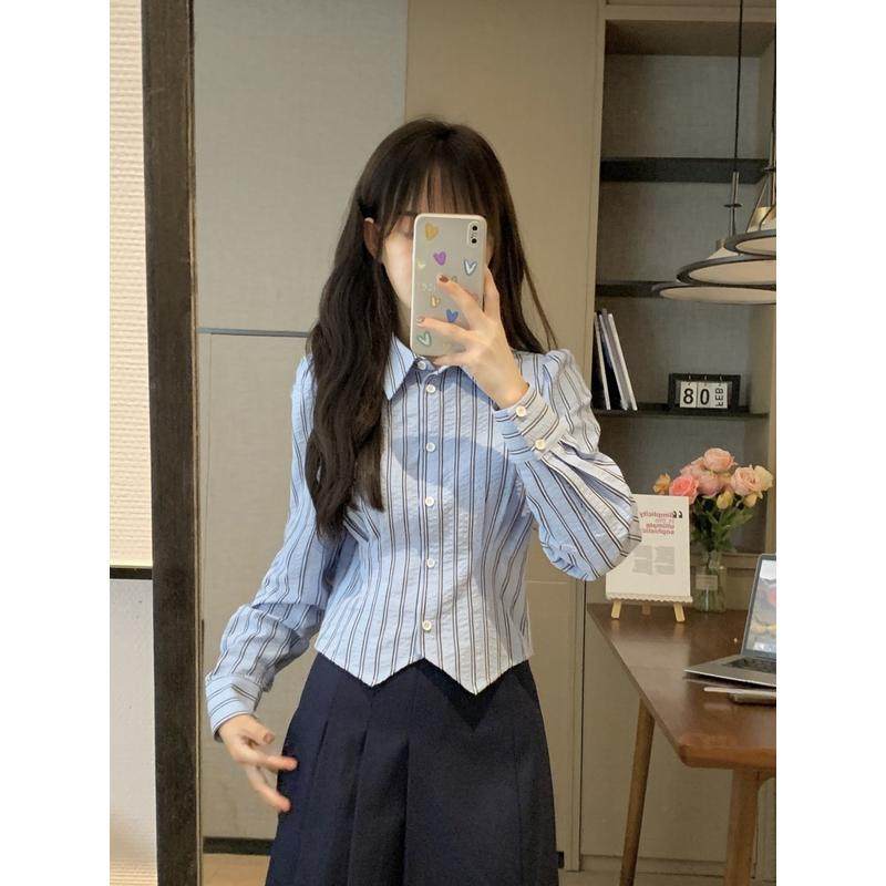 ms甜末末 早春蓝色短款宽松显瘦个性百搭法式条纹长袖衬衫女