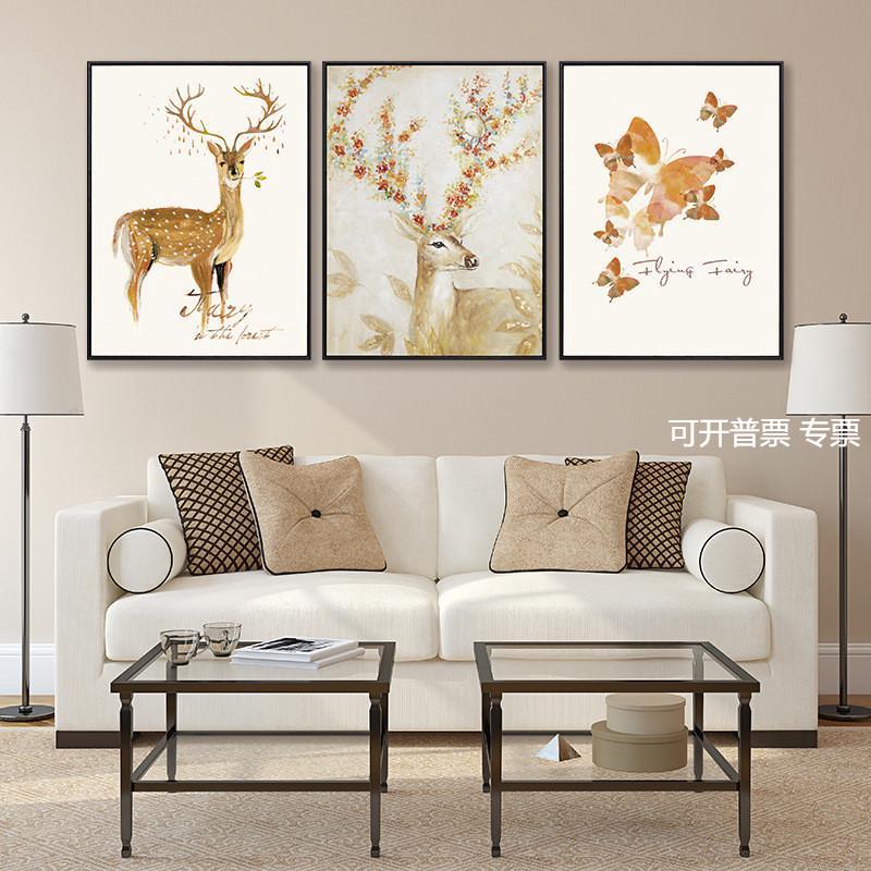 欧美复古麋鹿壁画装饰画玄关卧室三联装饰挂画背景墙福禄油画组合图片