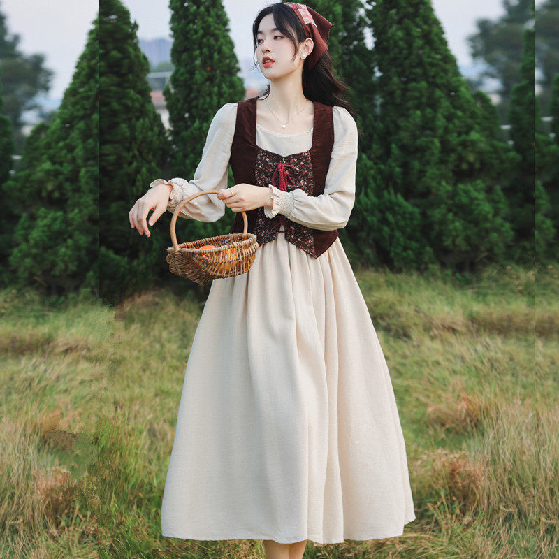 苏浅慕颜春秋新款田园风棉文艺牧场少女马甲森系两件套