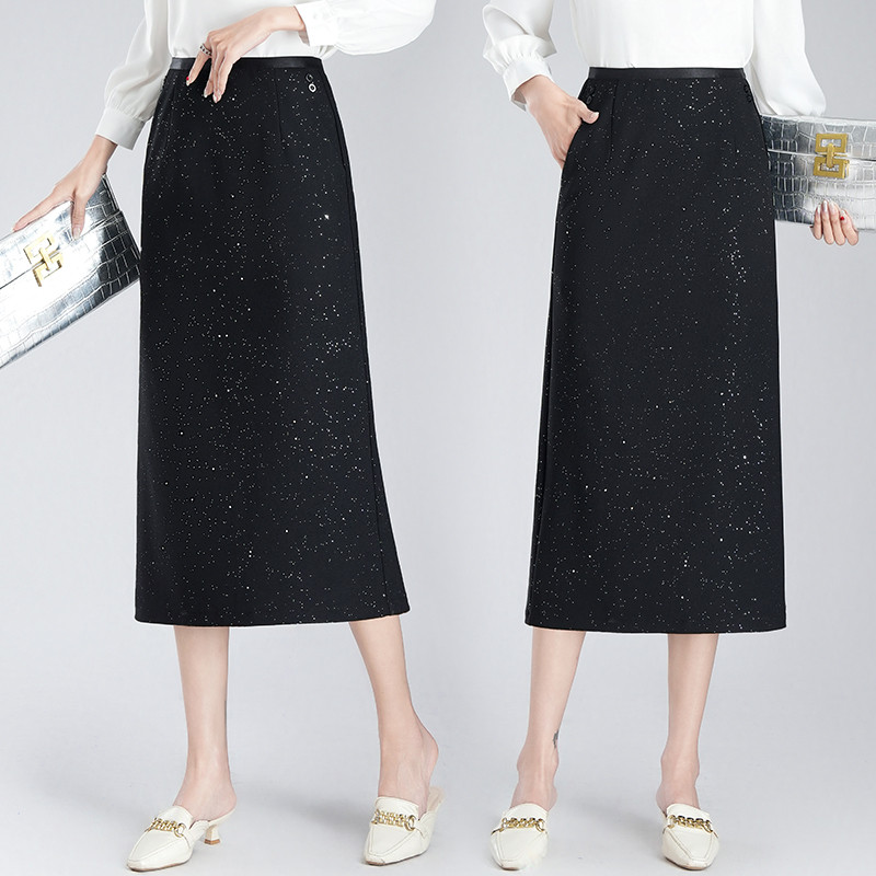 星空中长款直筒女2025春季新款显瘦亮片一步开叉包臀裙
