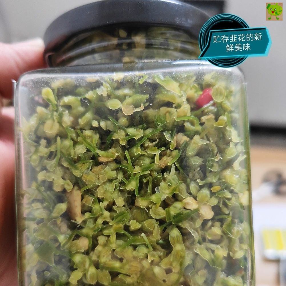 韭菜花大颗粒酱新鲜韭花切成配辣椒、姜、梨制作有特辣和原味不辣