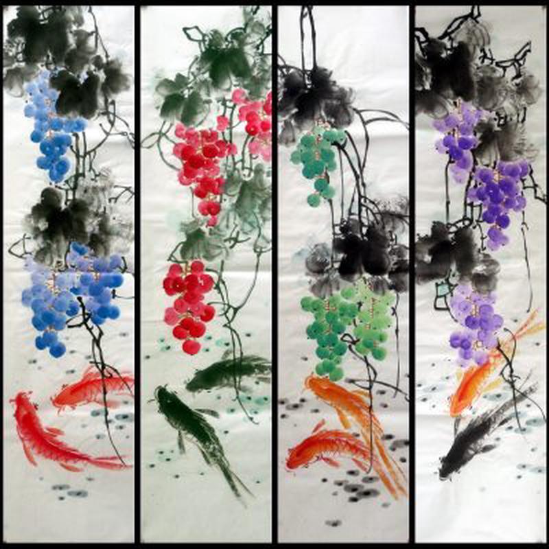 【墨香村】装饰国画字画花鸟手绘四尺对开葡萄套画四条屏1