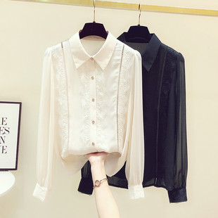 2023春秋季新款雪纺衬衫女长袖蕾丝拼接气质淑女时尚洋气衬衣