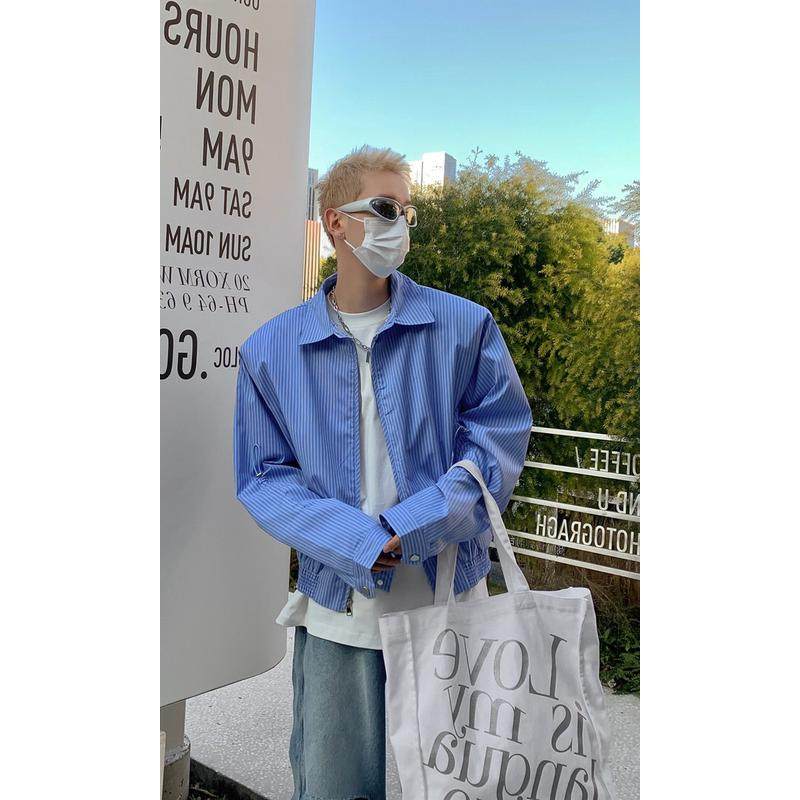 美式高街蓝色条纹拉链衬衫春夏季男女款小众大垫肩衬衣设计感,男装,衬衫,淘宝优惠券,粉丝福利购,淘宝优惠卷