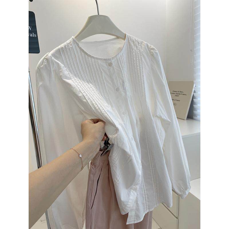 韩系风琴褶皱白色衬衫！早秋百搭宽松显瘦圆领棉质小衫长袖衬衣女