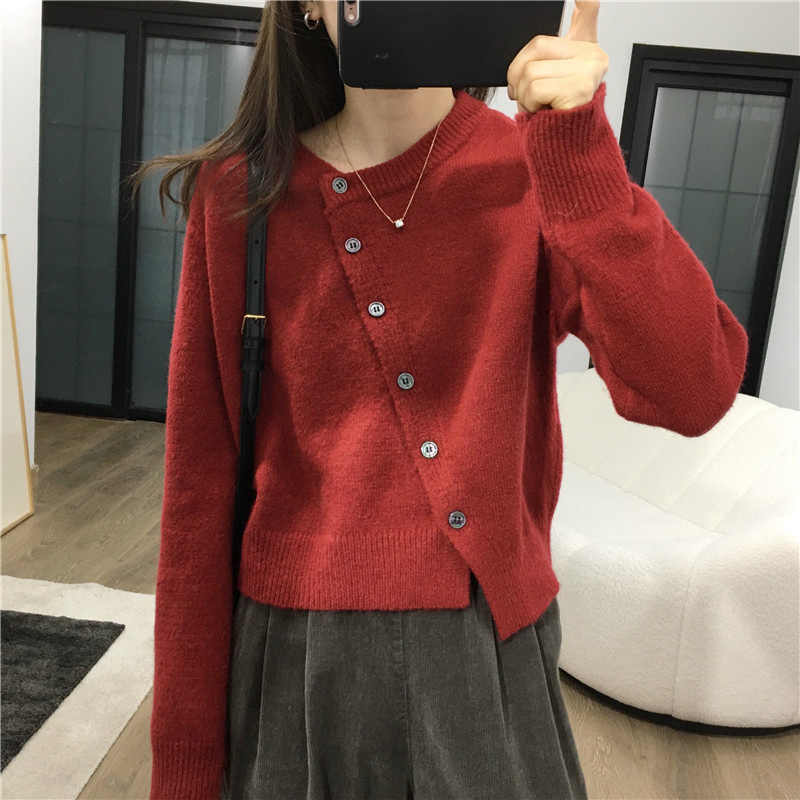 秋季新款 韩版设计斜扣外穿内搭短款开衫毛衣女慵懒风衫