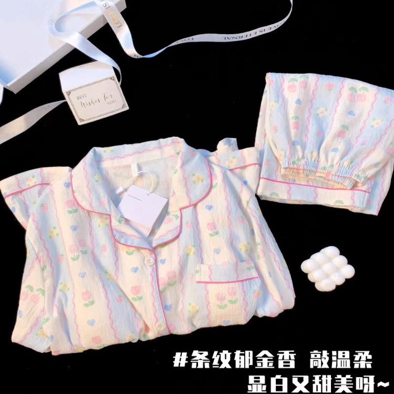 新品温柔郁金香睡衣女款夏季云朵棉短袖长裤甜美春秋天三件套装家