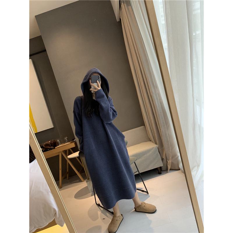 文艺宽松茧型连帽珍珠绒不起球毛衣裙中长款秋冬新款女奇怪