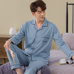 睡衣男100%纯棉长袖春秋季加肥加大码全棉开衫男款居服套装