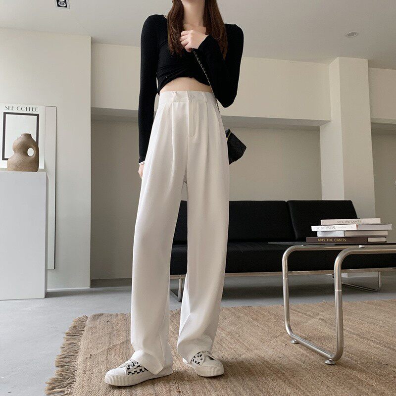 白色高级垂感裤女春夏宽松窄版阔腿裤休闲直筒显瘦拖地裤