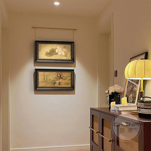 荷花法式复古客厅玄关柜子上的装饰画中式宋代美学挂画入户正对门