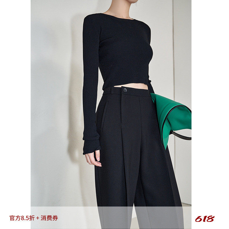 夏莫卡黑色锥形裤斜门襟宽松bf慵懒风垂感直筒裤女8148