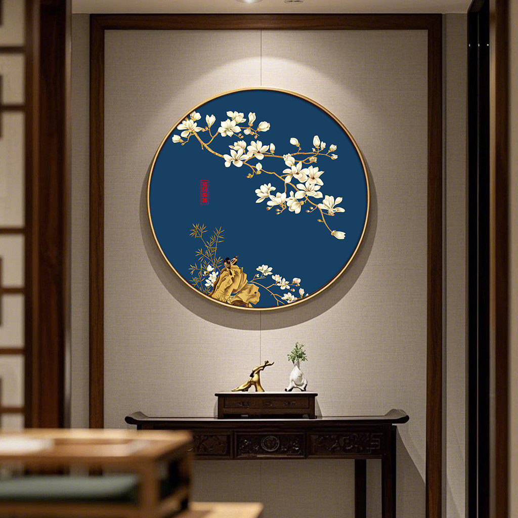 新中式挂画玄关入户装饰画圆形客厅沙发背景墙茶室蓝色中,家居饰品,现代装饰画,淘宝优惠券,粉丝福利购,淘宝优惠卷