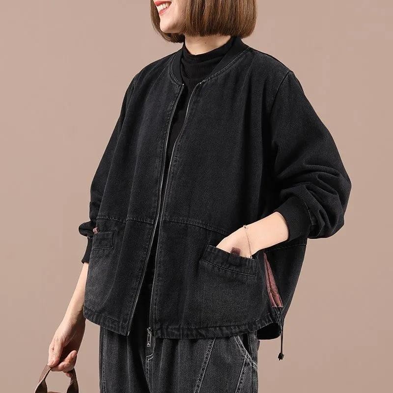 牛仔女款2024秋季新款棒球领水洗短款拼色口袋休闲百搭