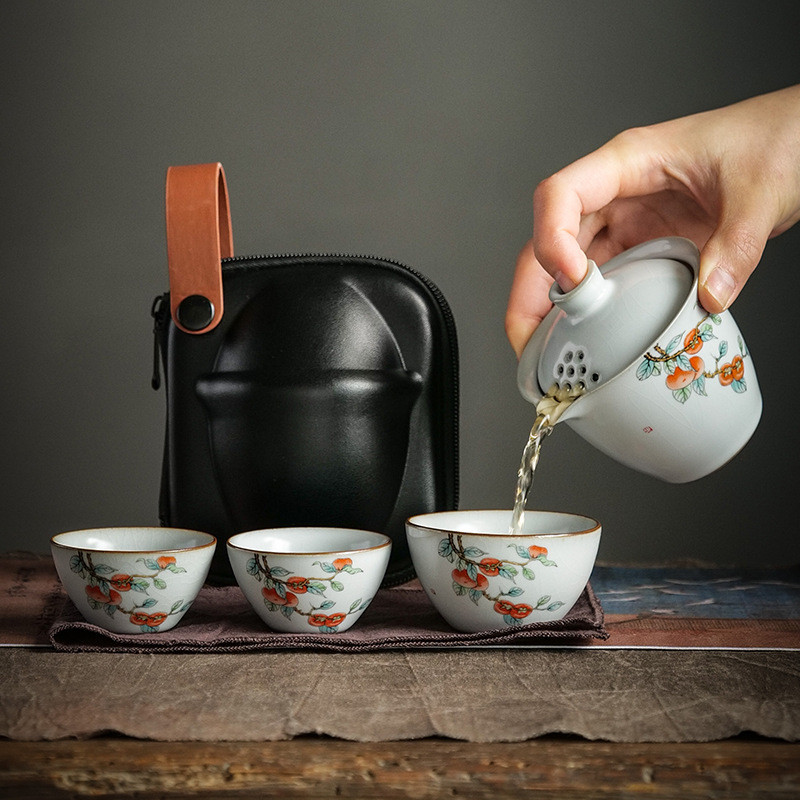 旅行茶具汝窑旅行茶具 快客杯套装带便携露营户外一壶三杯泡茶壶