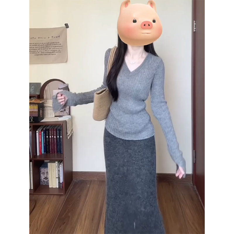 显瘦设计感慵懒打底衫灰色包臀裙鱼尾裙中子套装