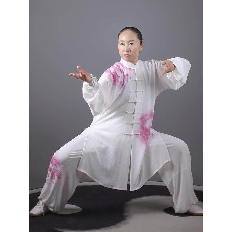 马蕾太极夏季中长款洒银丝麻太极表演服女式练功晨练服彩绘粉牡丹,运动/瑜伽/健身/球迷用品,太极服,淘宝优惠券,粉丝福利购,淘宝优惠卷