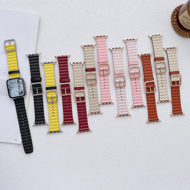 新款适用苹果iwatch1-7代四方扣正反双拼色applewatch s7真皮表带
