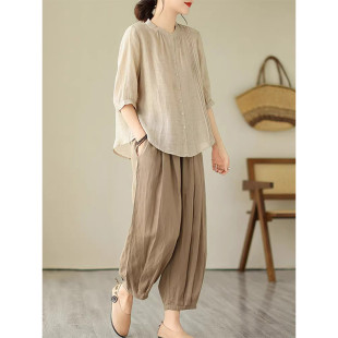 亚麻休闲套装女士夏季妈妈夏装小个子时尚洋气两件套