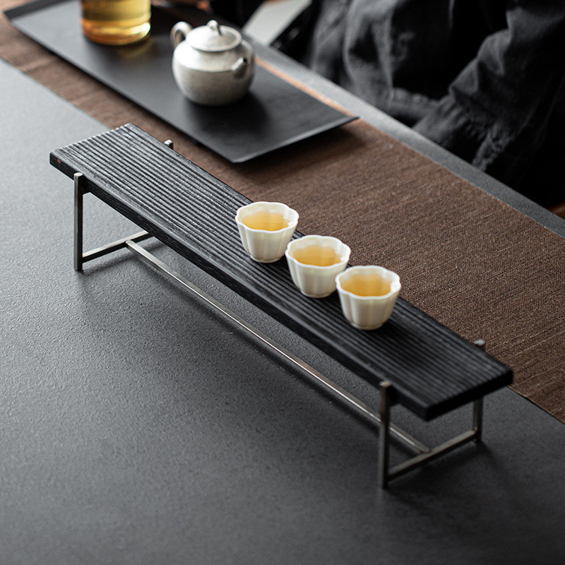日式不锈钢简约茶具茶杯架展示架收纳小茶几实木托盘置物架