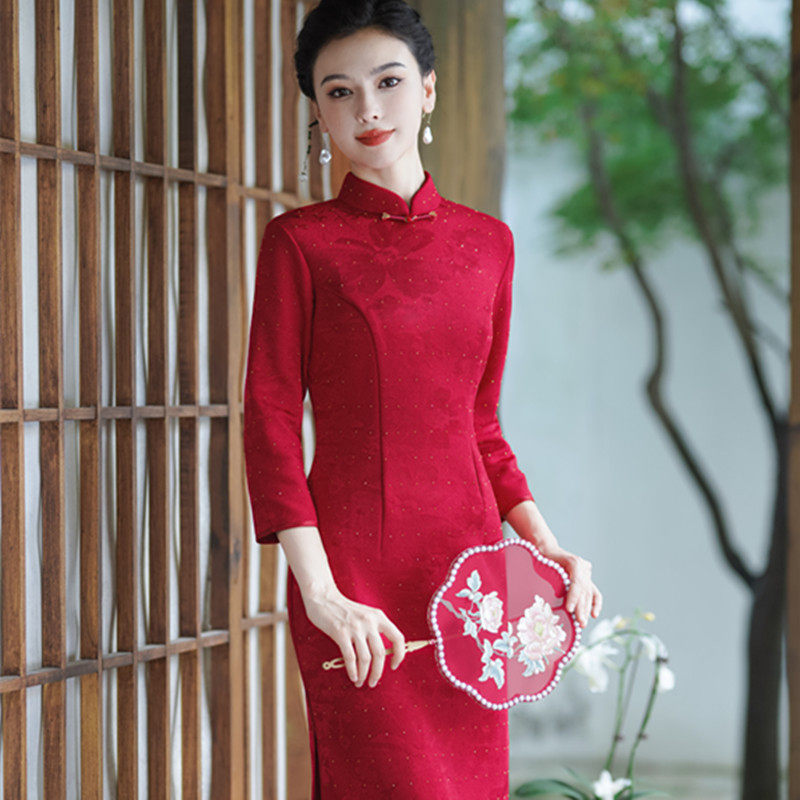 红色蕾丝秋冬长袖中式新娘结婚回门订婚裙平时可穿