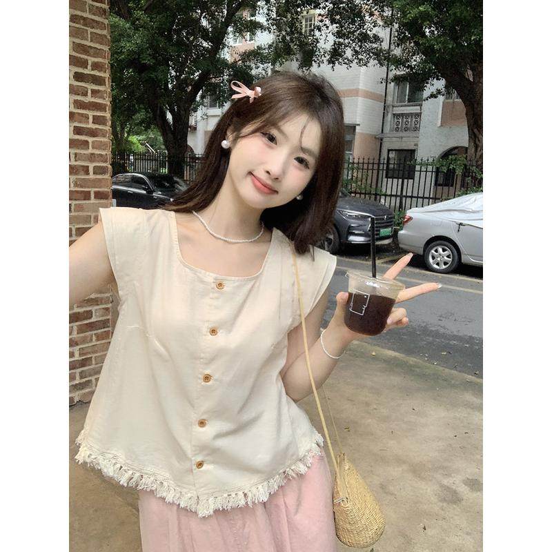 宽松法式小飞袖衬衣2024女夏季新款下摆流苏花边浅杏甜美无袖衬衫,女装/女士精品,衬衫,淘宝优惠券,粉丝福利购,淘宝优惠卷