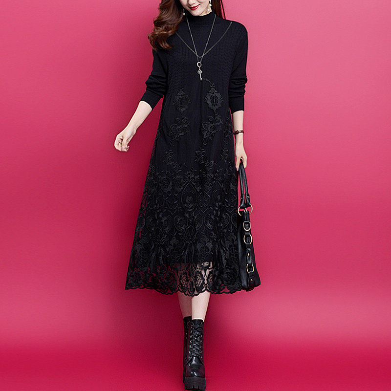 气质显瘦蕾丝印花裙女半高领拼接假两件中长款重工刺绣网纱,女装/女士精品,连衣裙,淘宝优惠券,粉丝福利购,淘宝优惠卷